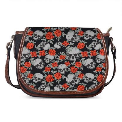 Red Rose Grey Skull Pattern Print Saddle Bag