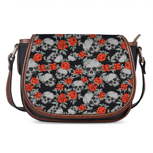 Red Rose Grey Skull Pattern Print Saddle Bag