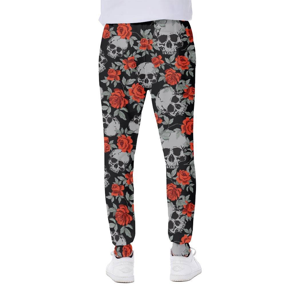 Red Rose Grey Skull Pattern Print Scuba Joggers