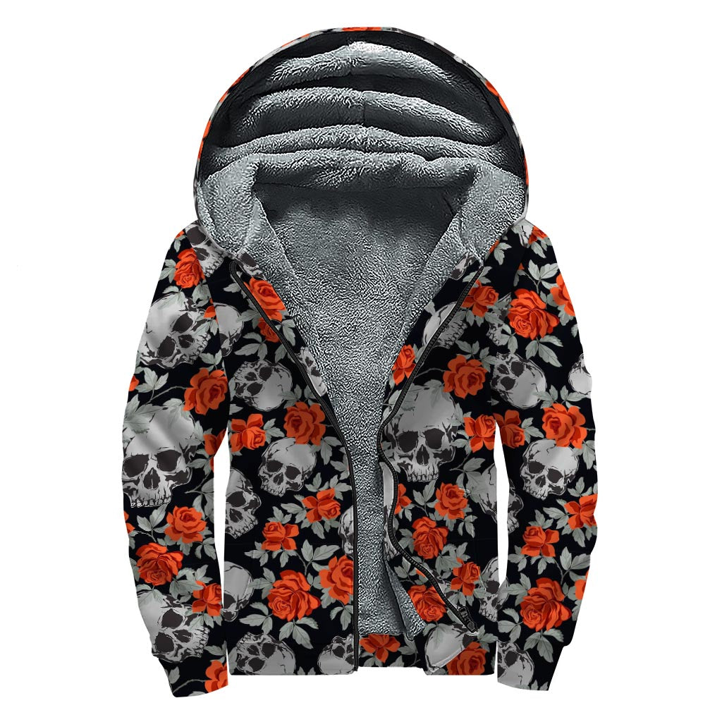 Red Rose Grey Skull Pattern Print Sherpa Lined Zip Up Hoodie