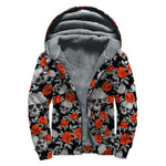 Red Rose Grey Skull Pattern Print Sherpa Lined Zip Up Hoodie