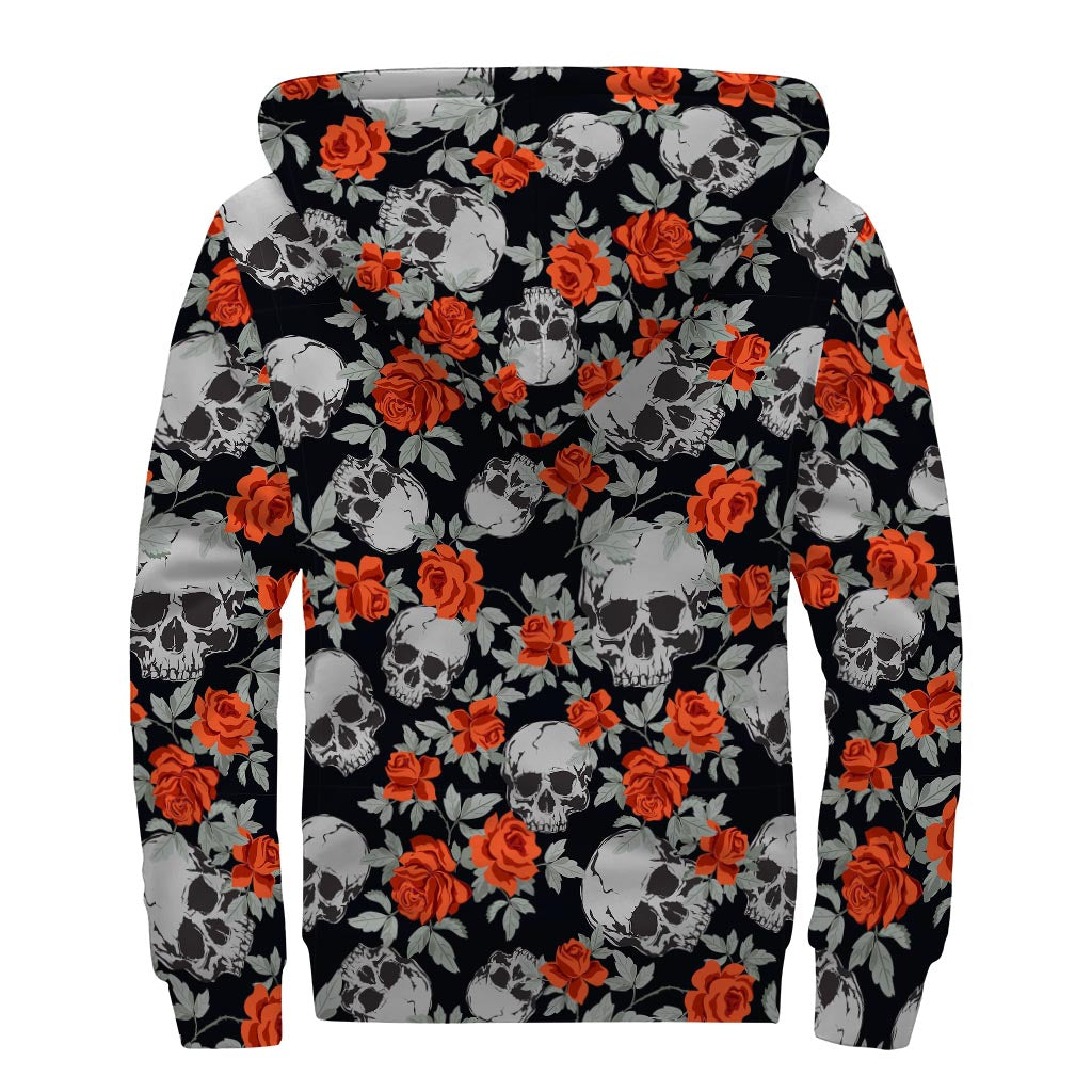 Red Rose Grey Skull Pattern Print Sherpa Lined Zip Up Hoodie