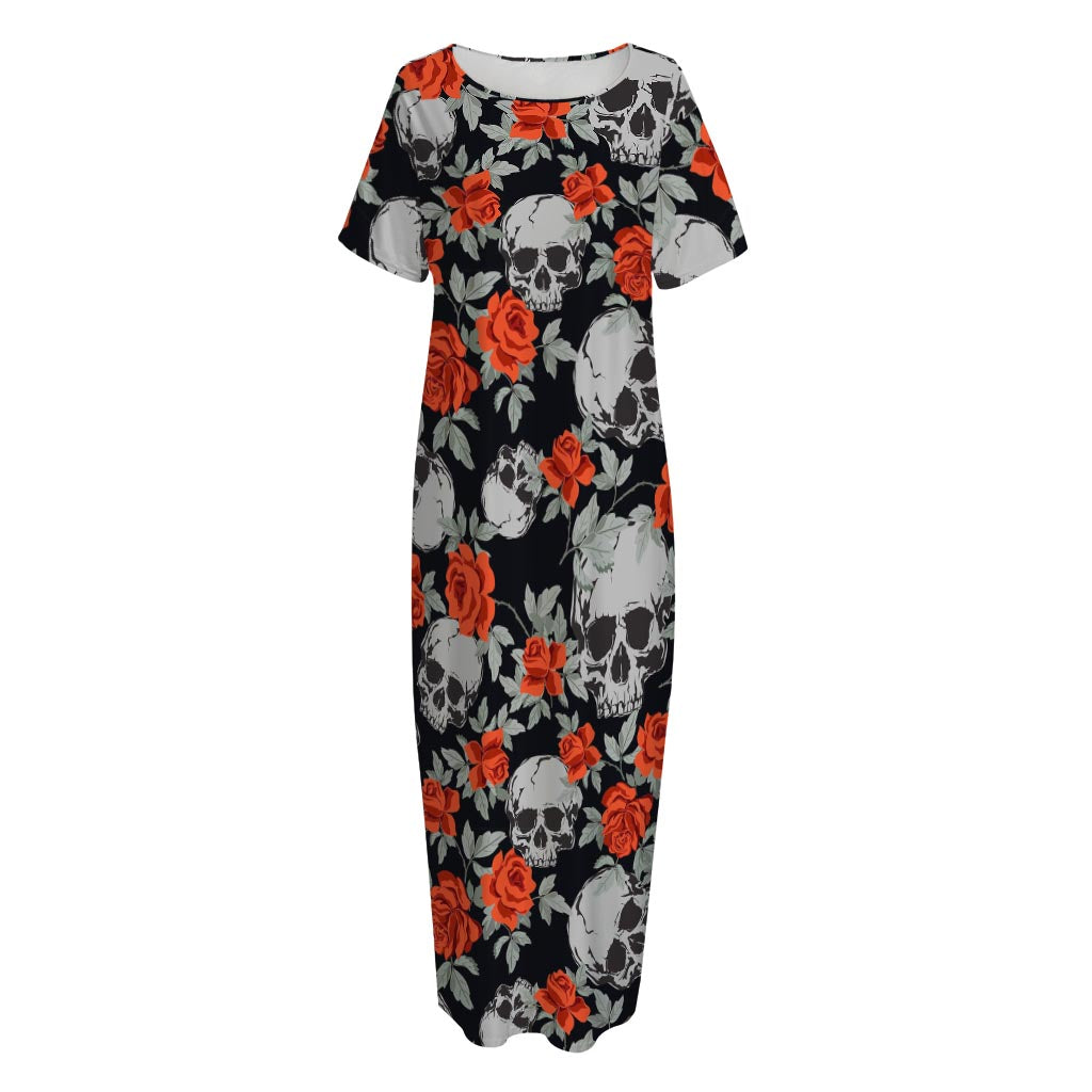 Red Rose Grey Skull Pattern Print Short Sleeve Long Nightdress