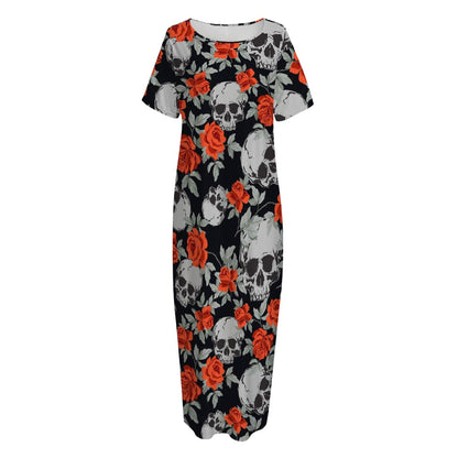 Red Rose Grey Skull Pattern Print Short Sleeve Long Nightdress