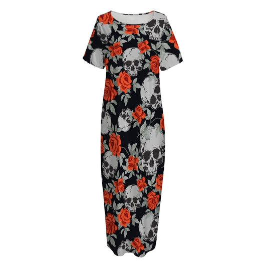 Red Rose Grey Skull Pattern Print Short Sleeve Long Nightdress