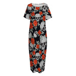 Red Rose Grey Skull Pattern Print Short Sleeve Long Nightdress