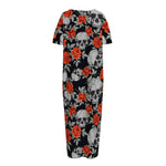 Red Rose Grey Skull Pattern Print Short Sleeve Long Nightdress