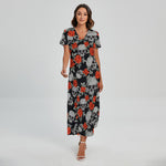 Red Rose Grey Skull Pattern Print Short Sleeve Maxi Dress