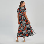 Red Rose Grey Skull Pattern Print Short Sleeve Maxi Dress