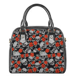 Red Rose Grey Skull Pattern Print Shoulder Handbag