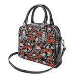 Red Rose Grey Skull Pattern Print Shoulder Handbag
