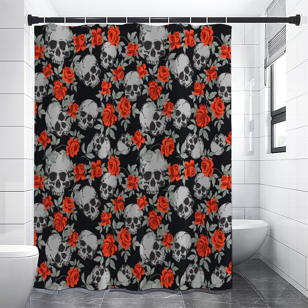 Red Rose Grey Skull Pattern Print Shower Curtain