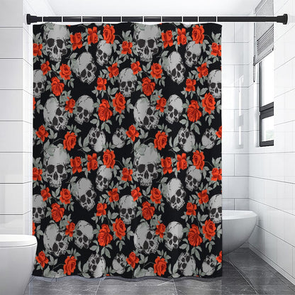 Red Rose Grey Skull Pattern Print Shower Curtain