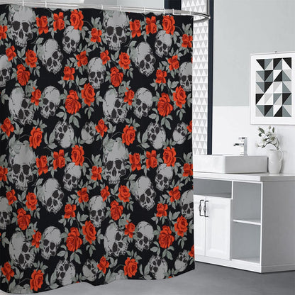 Red Rose Grey Skull Pattern Print Shower Curtain