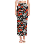 Red Rose Grey Skull Pattern Print Side Slit Maxi Skirt