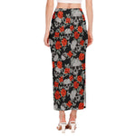 Red Rose Grey Skull Pattern Print Side Slit Maxi Skirt