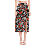 Red Rose Grey Skull Pattern Print Side Slit Midi Skirt
