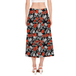 Red Rose Grey Skull Pattern Print Side Slit Midi Skirt