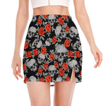 Red Rose Grey Skull Pattern Print Side Slit Mini Skirt