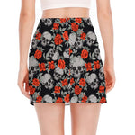 Red Rose Grey Skull Pattern Print Side Slit Mini Skirt