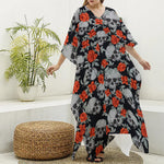 Red Rose Grey Skull Pattern Print Silk V-Neck Kaftan Dress