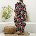 Red Rose Grey Skull Pattern Print Silk V-Neck Kaftan Dress