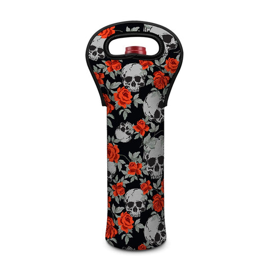 Red Rose Grey Skull Pattern Print Single Neoprene Wine Tote