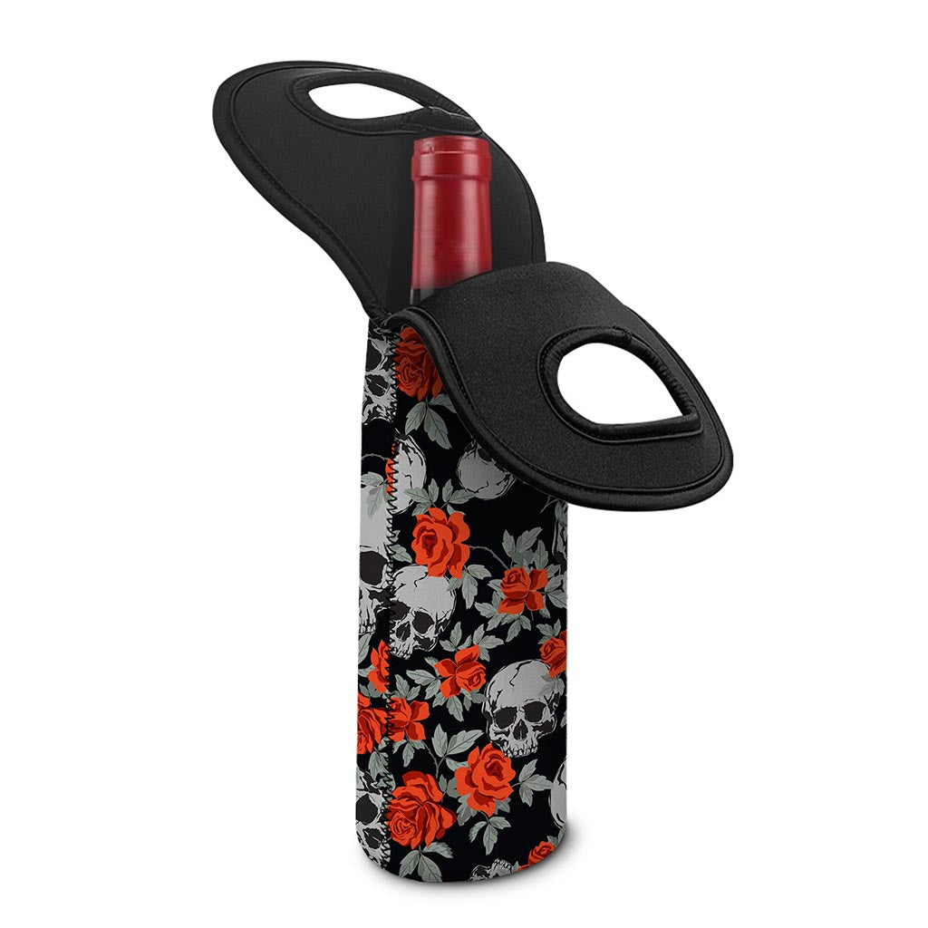 Red Rose Grey Skull Pattern Print Single Neoprene Wine Tote