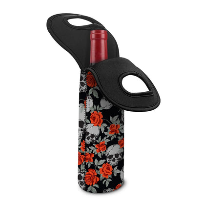 Red Rose Grey Skull Pattern Print Single Neoprene Wine Tote