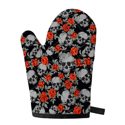 Red Rose Grey Skull Pattern Print Single Oven Mitt