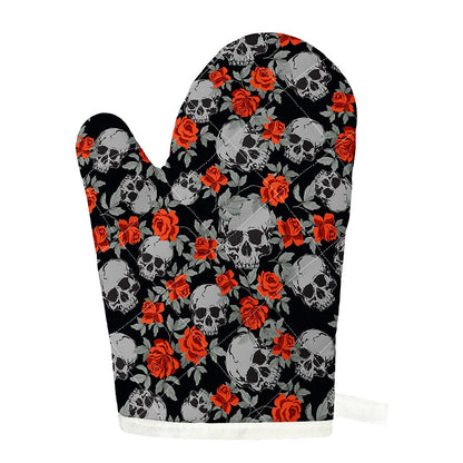 Red Rose Grey Skull Pattern Print Single Oven Mitt