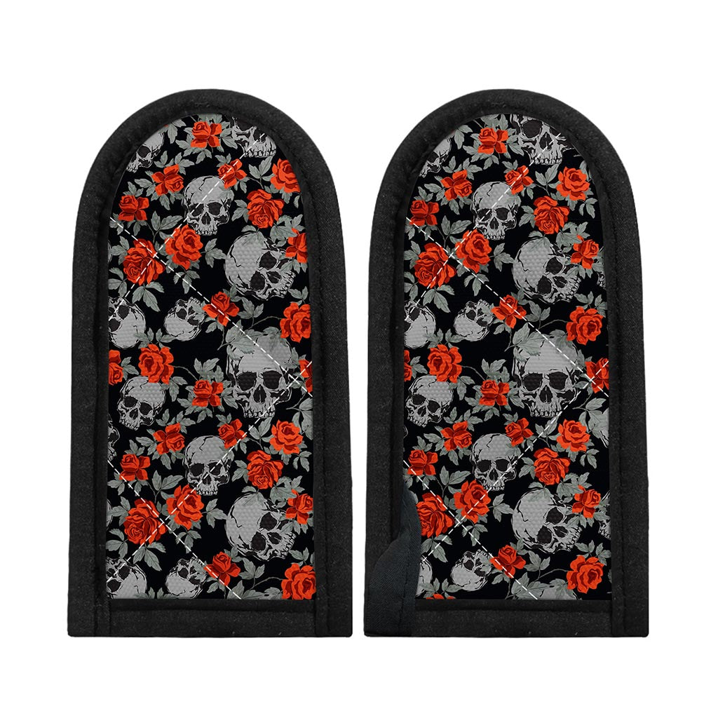 Red Rose Grey Skull Pattern Print Skillet Handle Cover