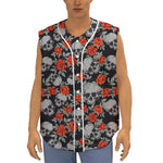 Red Rose Grey Skull Pattern Print Sleeveless Baseball Jersey