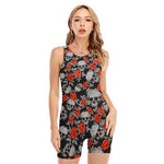 Red Rose Grey Skull Pattern Print Sleeveless One Piece Swimsuit