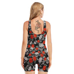 Red Rose Grey Skull Pattern Print Sleeveless One Piece Swimsuit