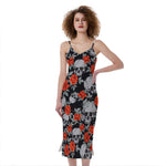 Red Rose Grey Skull Pattern Print Slim Fit Midi Cami Dress