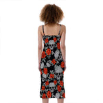 Red Rose Grey Skull Pattern Print Slim Fit Midi Cami Dress
