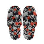 Red Rose Grey Skull Pattern Print Slippers