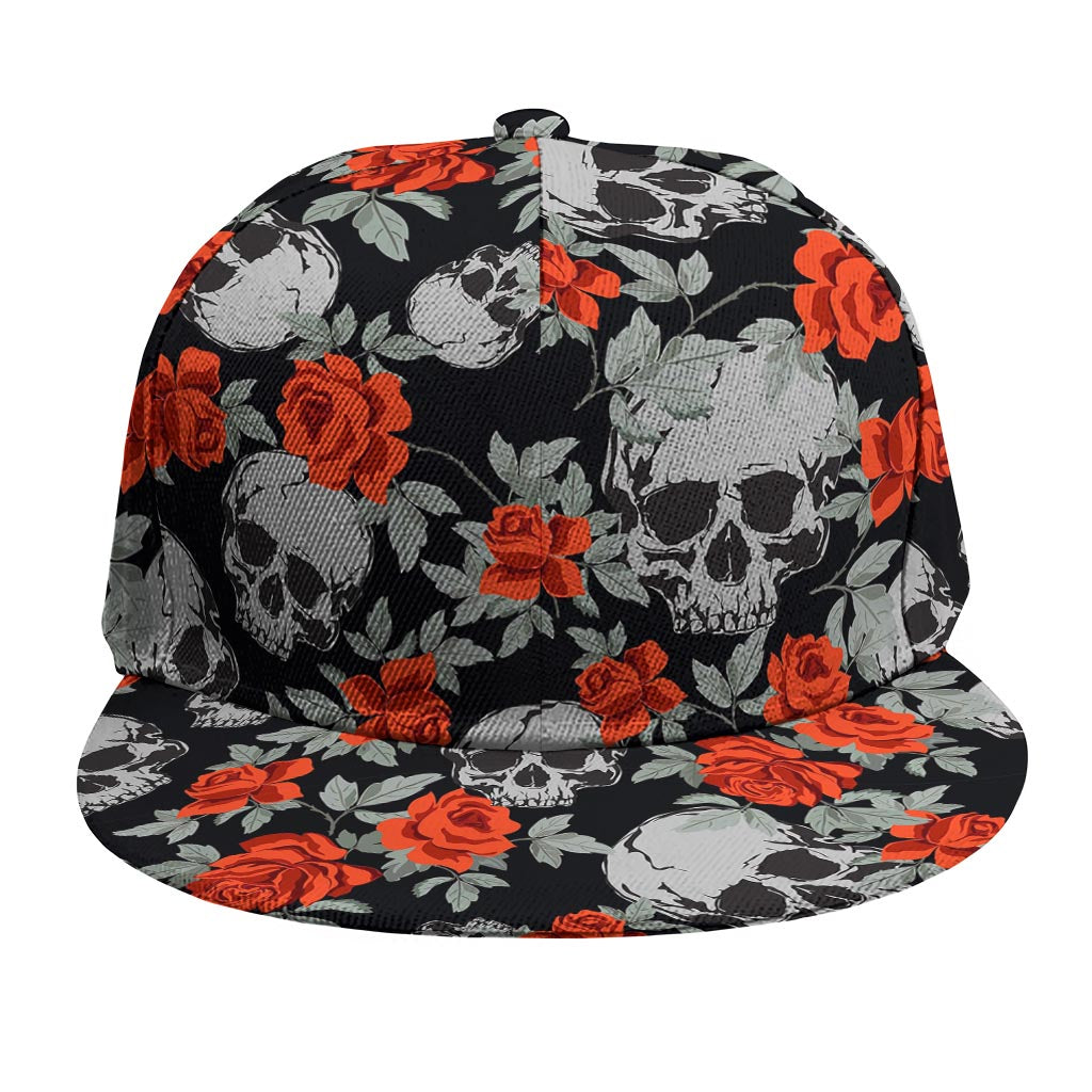 Red Rose Grey Skull Pattern Print Snapback Cap