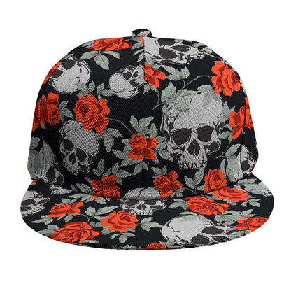 Red Rose Grey Skull Pattern Print Snapback Cap