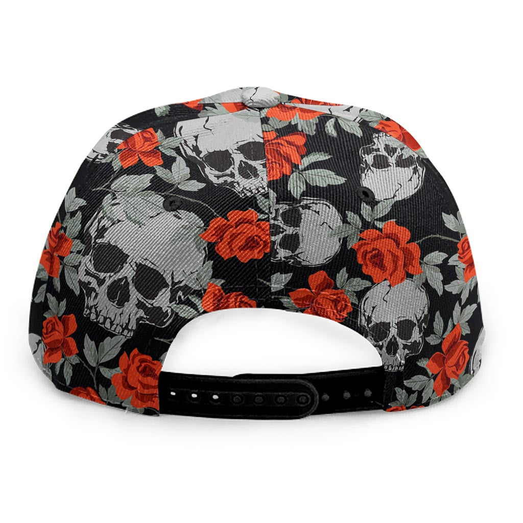 Red Rose Grey Skull Pattern Print Snapback Cap