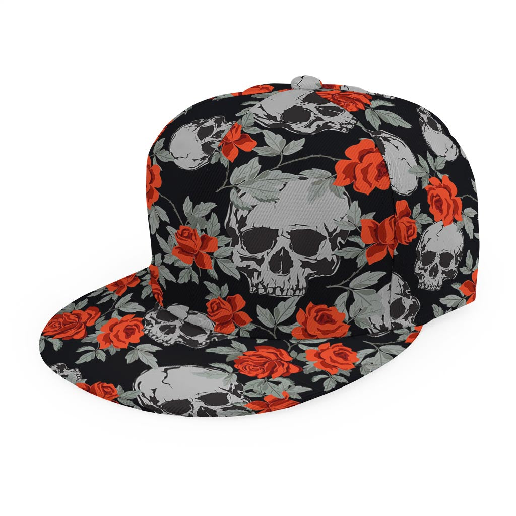 Red Rose Grey Skull Pattern Print Snapback Cap