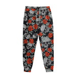 Red Rose Grey Skull Pattern Print Sweatpants