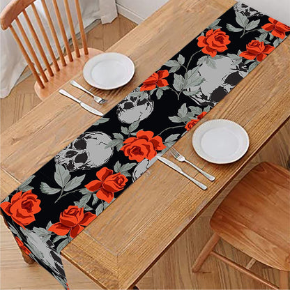 Red Rose Grey Skull Pattern Print Table Runner