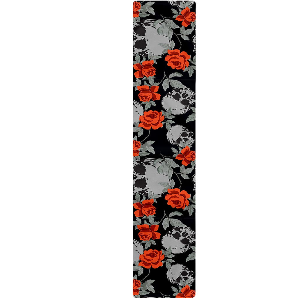 Red Rose Grey Skull Pattern Print Table Runner