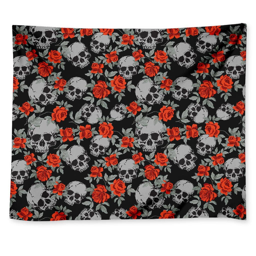 Red Rose Grey Skull Pattern Print Tapestry