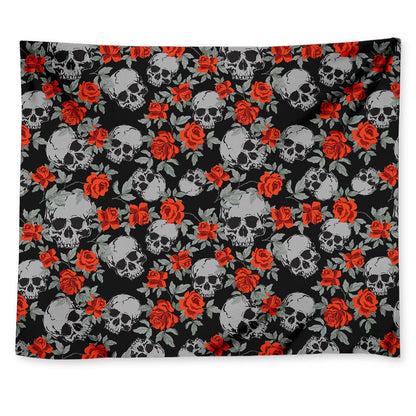 Red Rose Grey Skull Pattern Print Tapestry