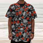 Red Rose Grey Skull Pattern Print Textured Short Sleeve Shirt