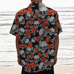 Red Rose Grey Skull Pattern Print Textured Short Sleeve Shirt