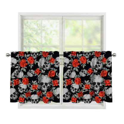 Red Rose Grey Skull Pattern Print Tier Curtains